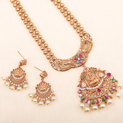 Traditional South Indian Necklace Set With Multi Color Stones and Earrings For Women