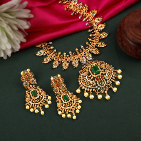 24K Gold Plated South Indian Necklace Set With Emerald Green Stone Pendant Work And Earrings