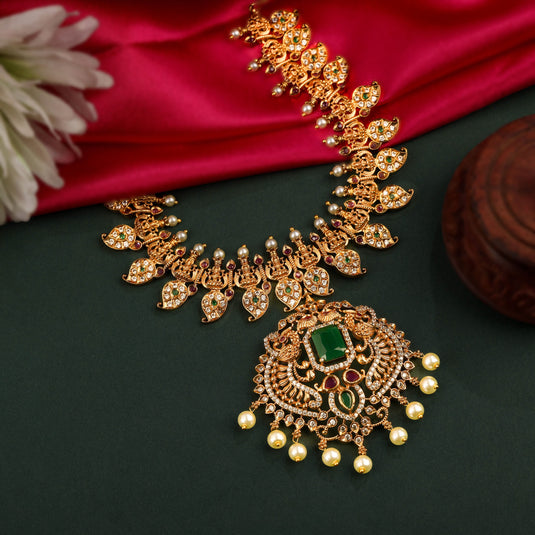 24K Gold Plated South Indian Necklace Set With Emerald Green Stone Pendant Work And Earrings