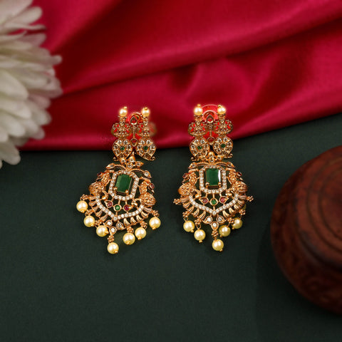 24K Gold Plated South Indian Necklace Set With Emerald Green Stone Pendant Work And Earrings