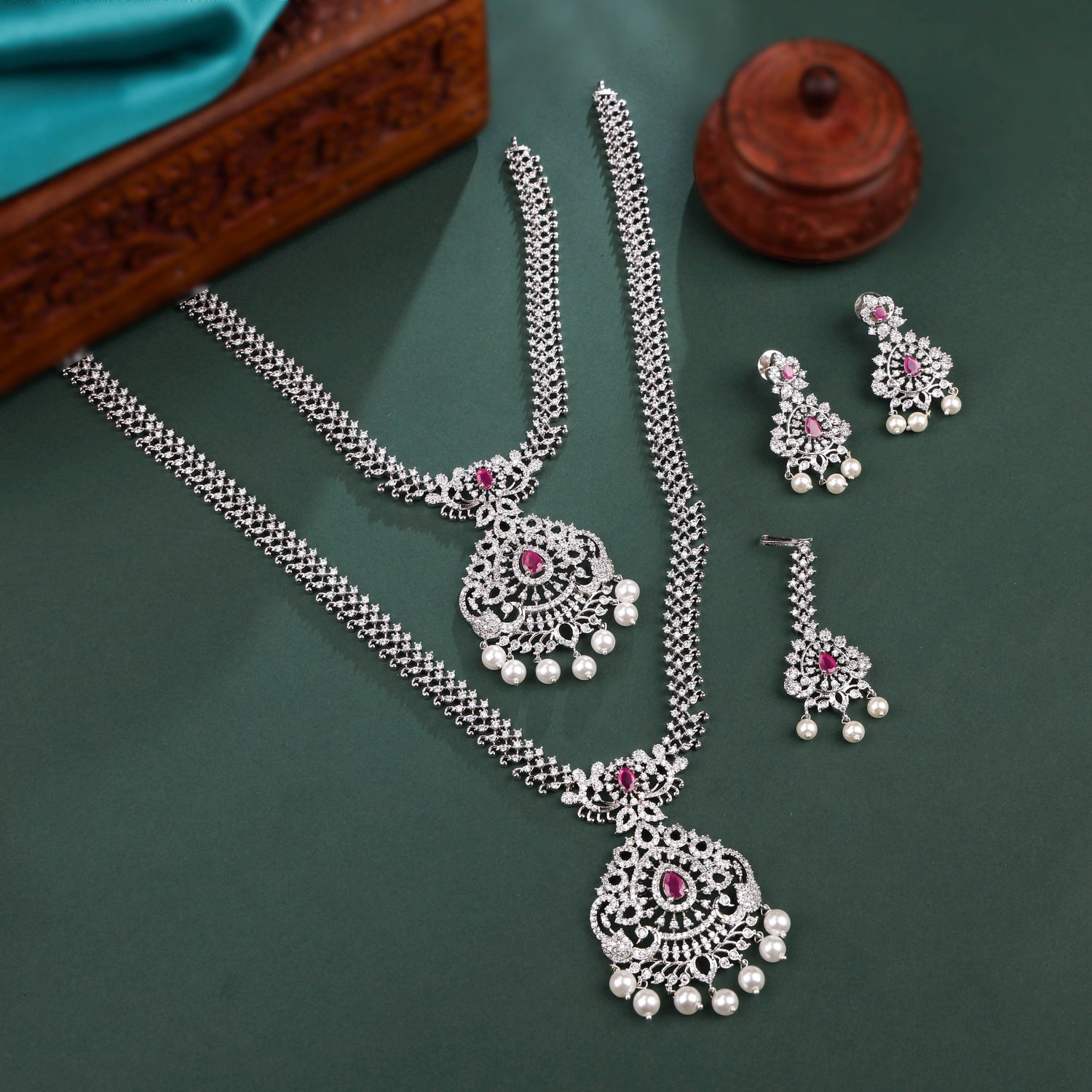 Rhodium Plated Necklace Set With Pink Color Stones And Pearl Drops Style Work And Maang tikka