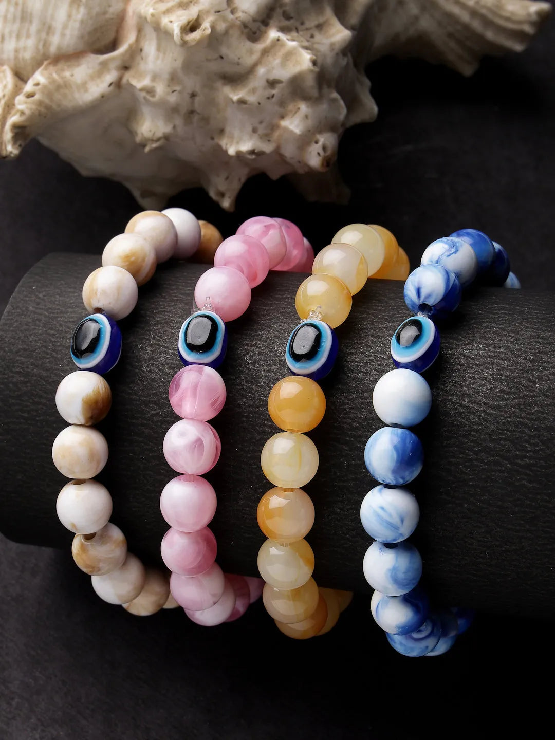 Unisex Set Of 4 Artificial Beads-Beaded Evil Eye Elasticated Bracelet