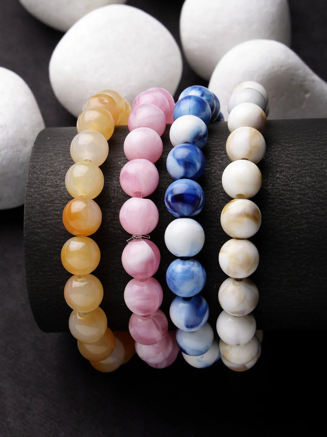 Unisex Set Of 4 Artificial Beads-Beaded Elasticated Bracelet