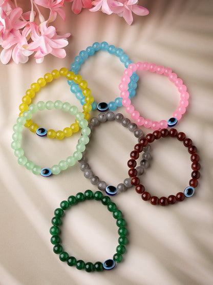 Unisex Set Of 7 Crystals Beaded Evil Eye Elasticated Bracelet