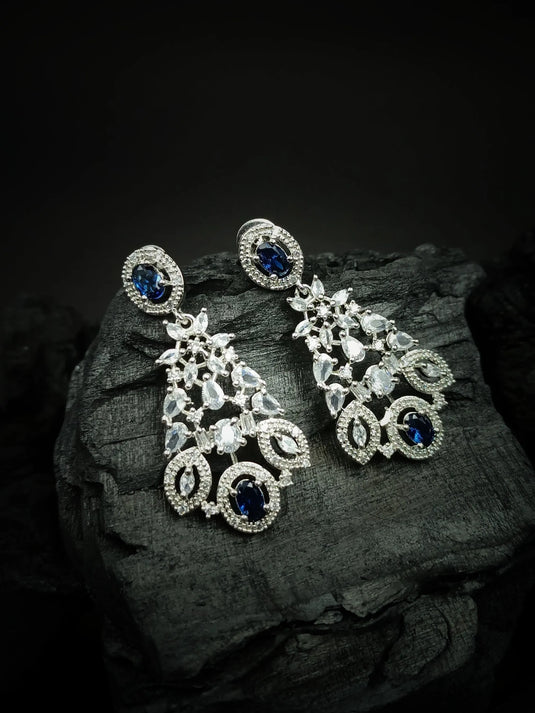 Silver Plated Blue Cubic Zirconia Bridal Necklace Set | Exquisite Wedding Jewellery Set