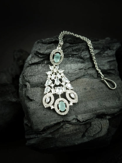 Silver Plated Turquoise Cubic Zirconia Bridal Necklace Set | Exquisite Wedding Jewellery Set