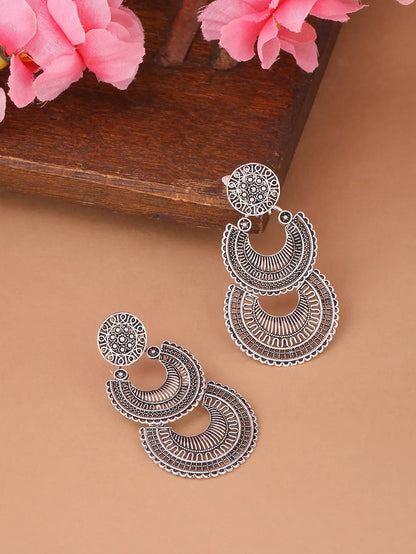 Silver plated crescent shaped drop earrings