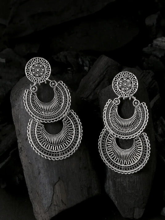 Silver plated crescent shaped drop earrings