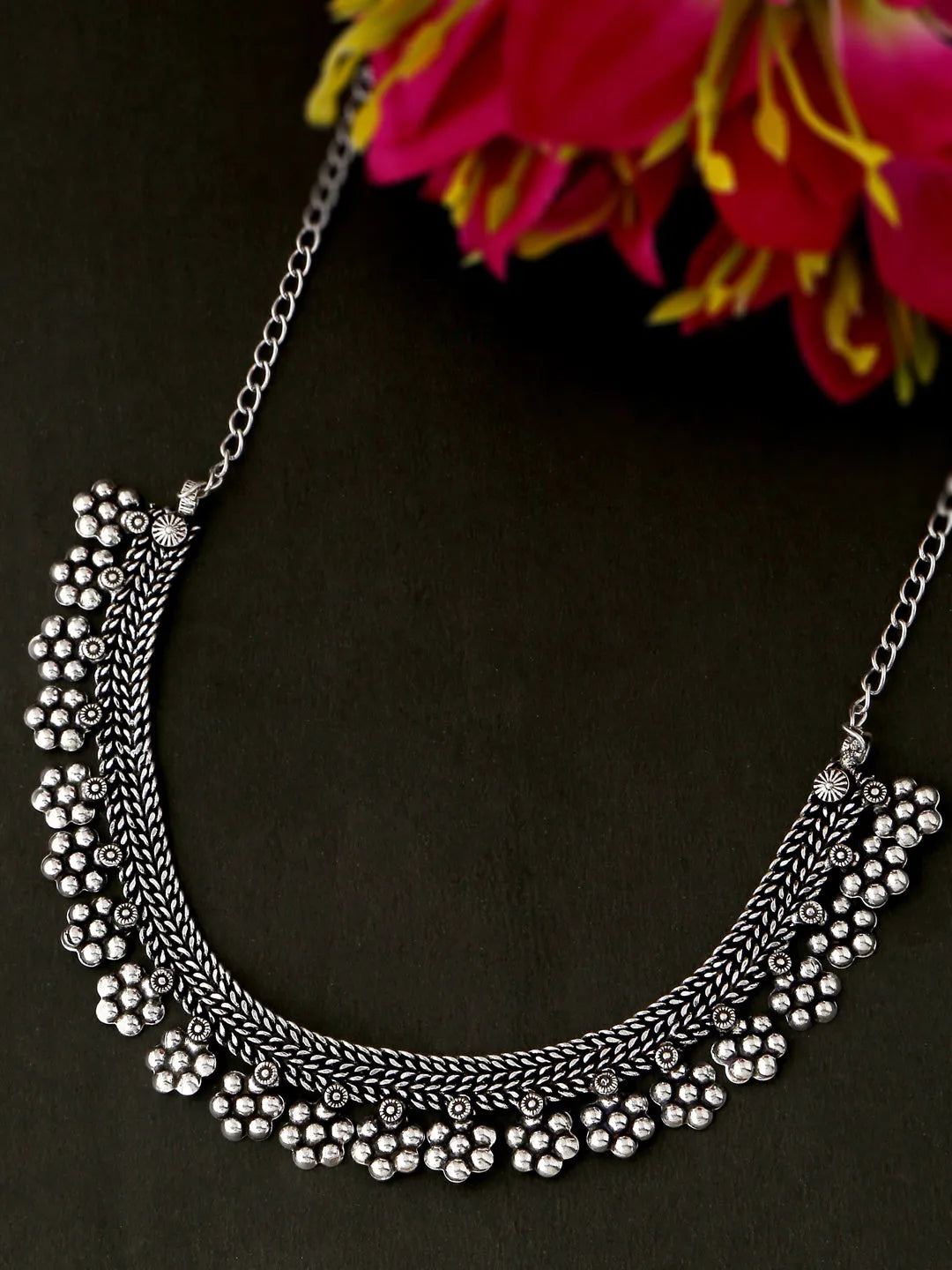 Silver Toned Oxidised Beaded Necklace