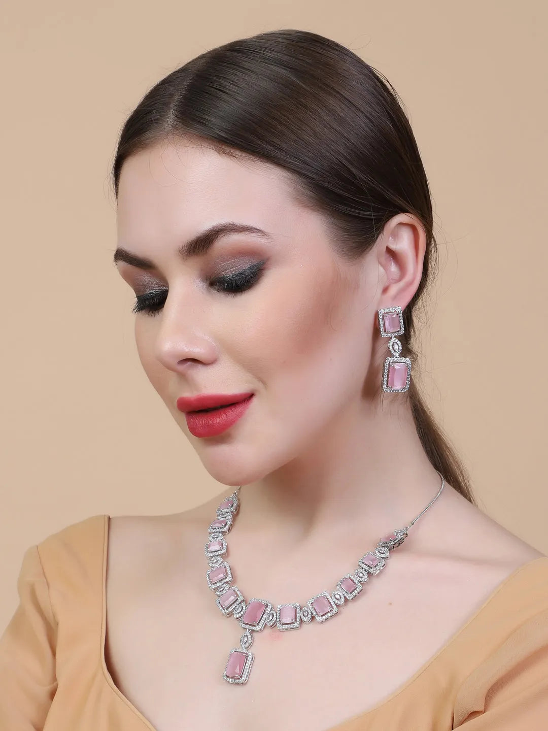 Stunning Pink Big Square Cubic Zirconia Necklace Set | Glamorous Jewelry