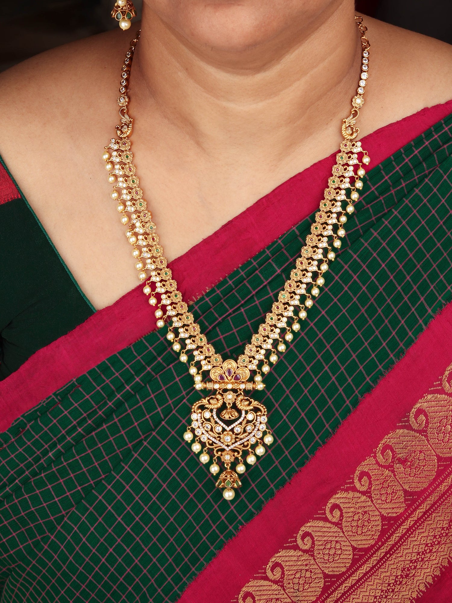 24K Gold Plated South Indian Long Haram Set With Pearls And Pair Of Earring For Women