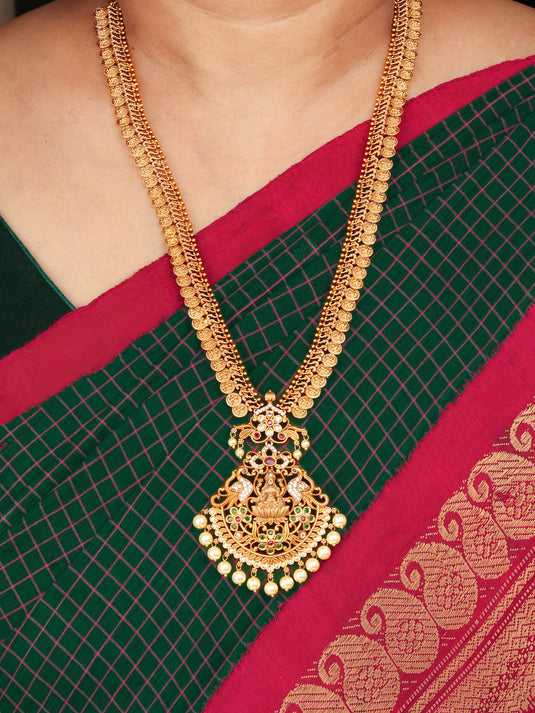 24K Gold Plated Kasu Necklace Set With Nakshi Work And Pair Of Earrings