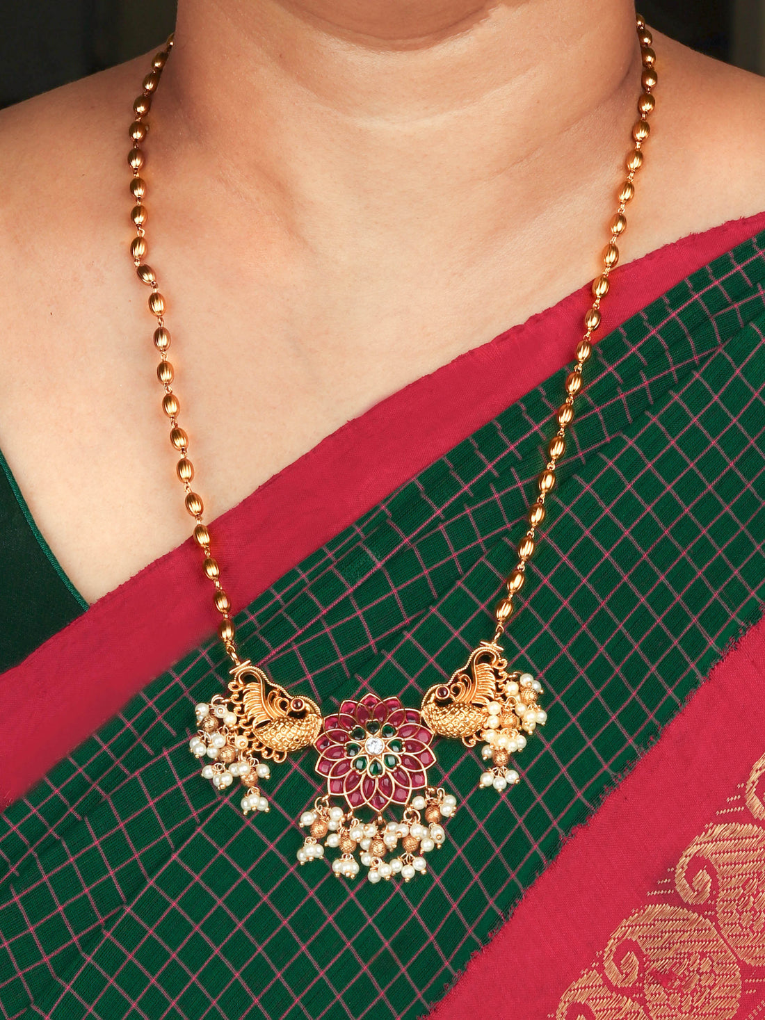 24K Gold Plated Traditional Necklace Set With Golden Beads And Kemp Stone Work