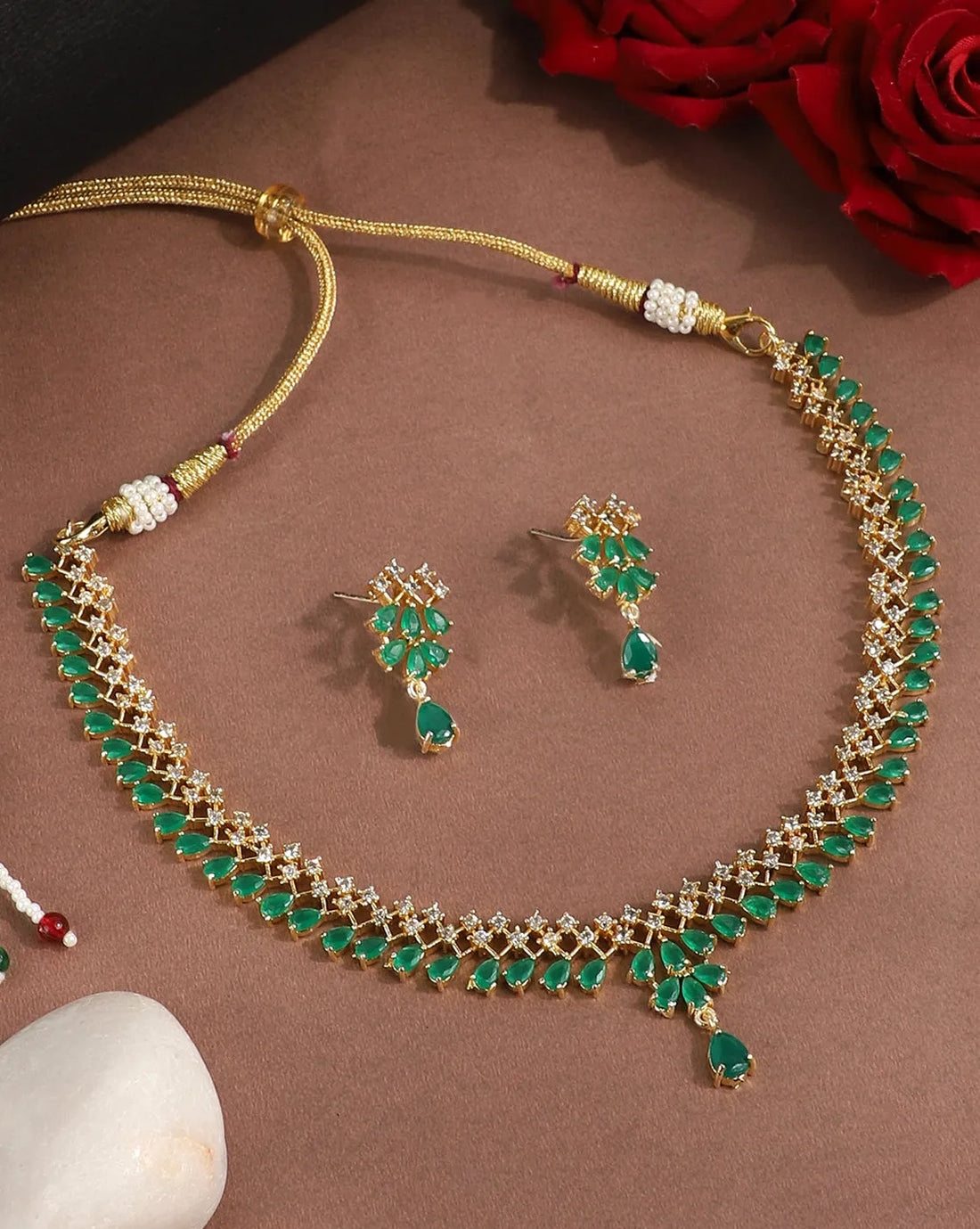 Stunning Green American Diamond Gold Plated Sleek Necklace | Shop Now!