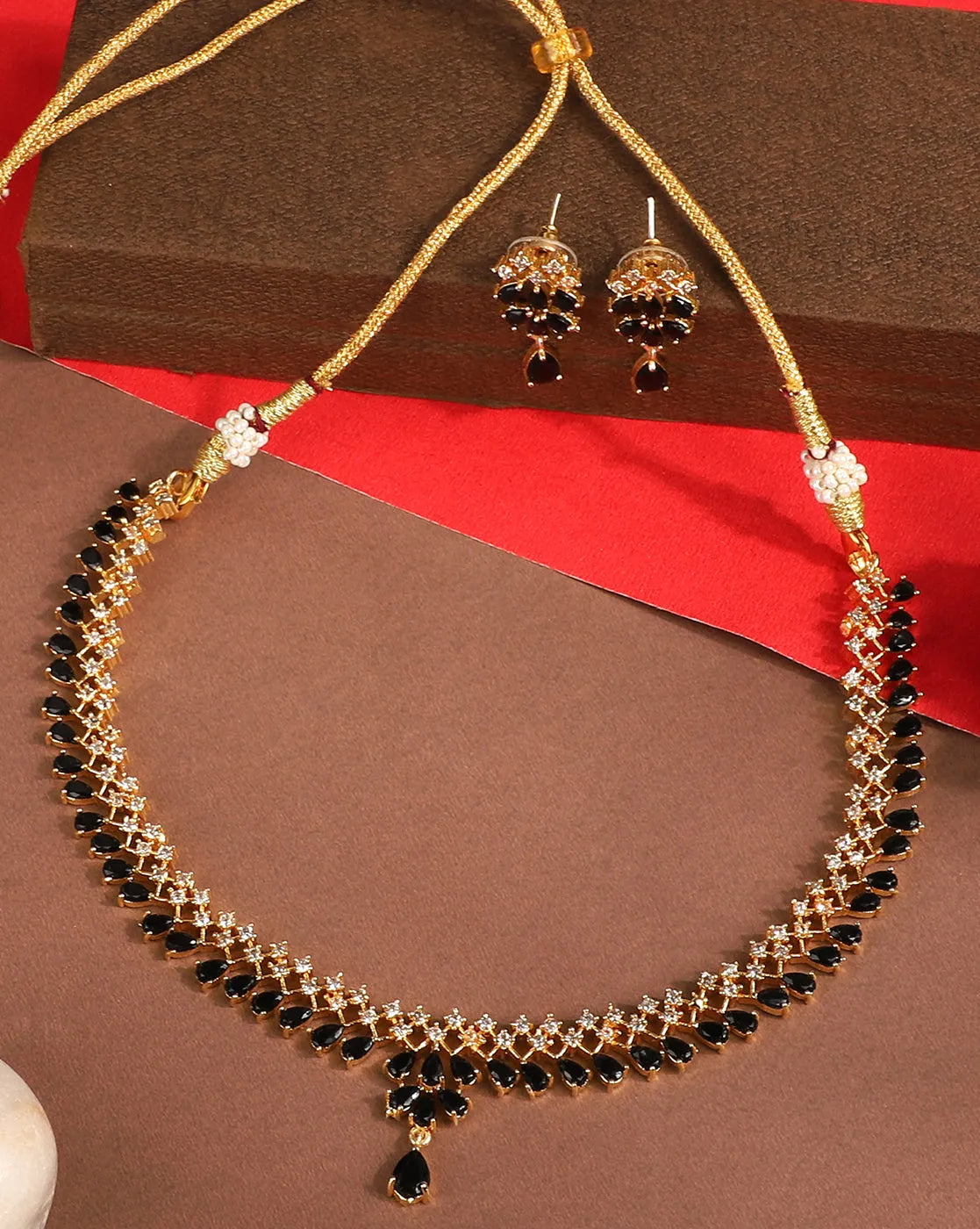 Elegant Black American Diamond Gold Plated Sleek Necklace | Shop Now!