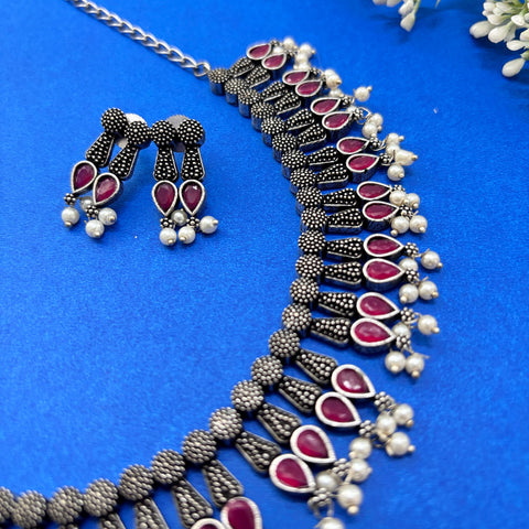 Indo Western Pink Oxidised Choker Set