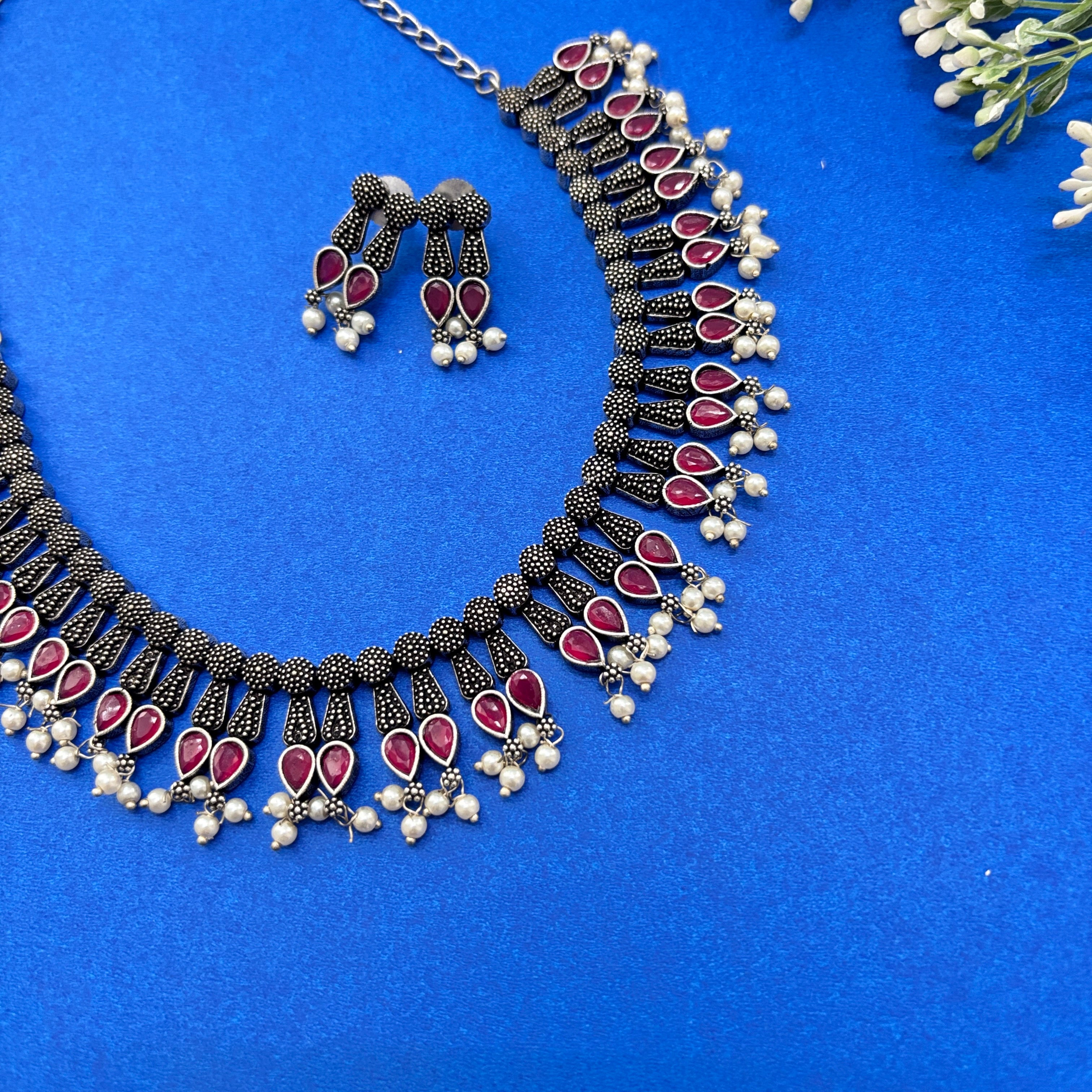 Indo Western Pink Oxidised Choker Set