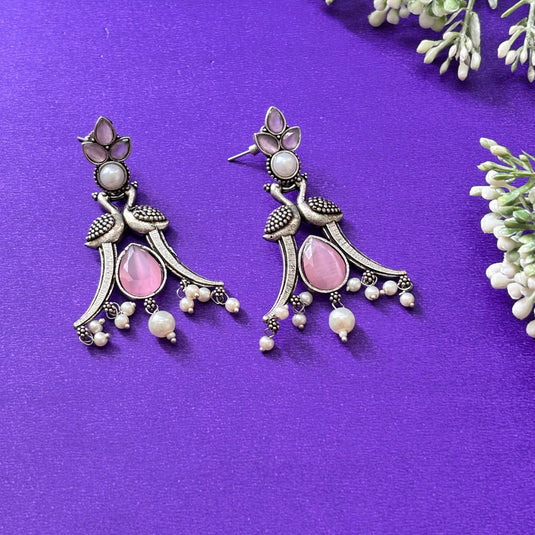 Elegant Peacock Oxidised Pink Drop Earrings