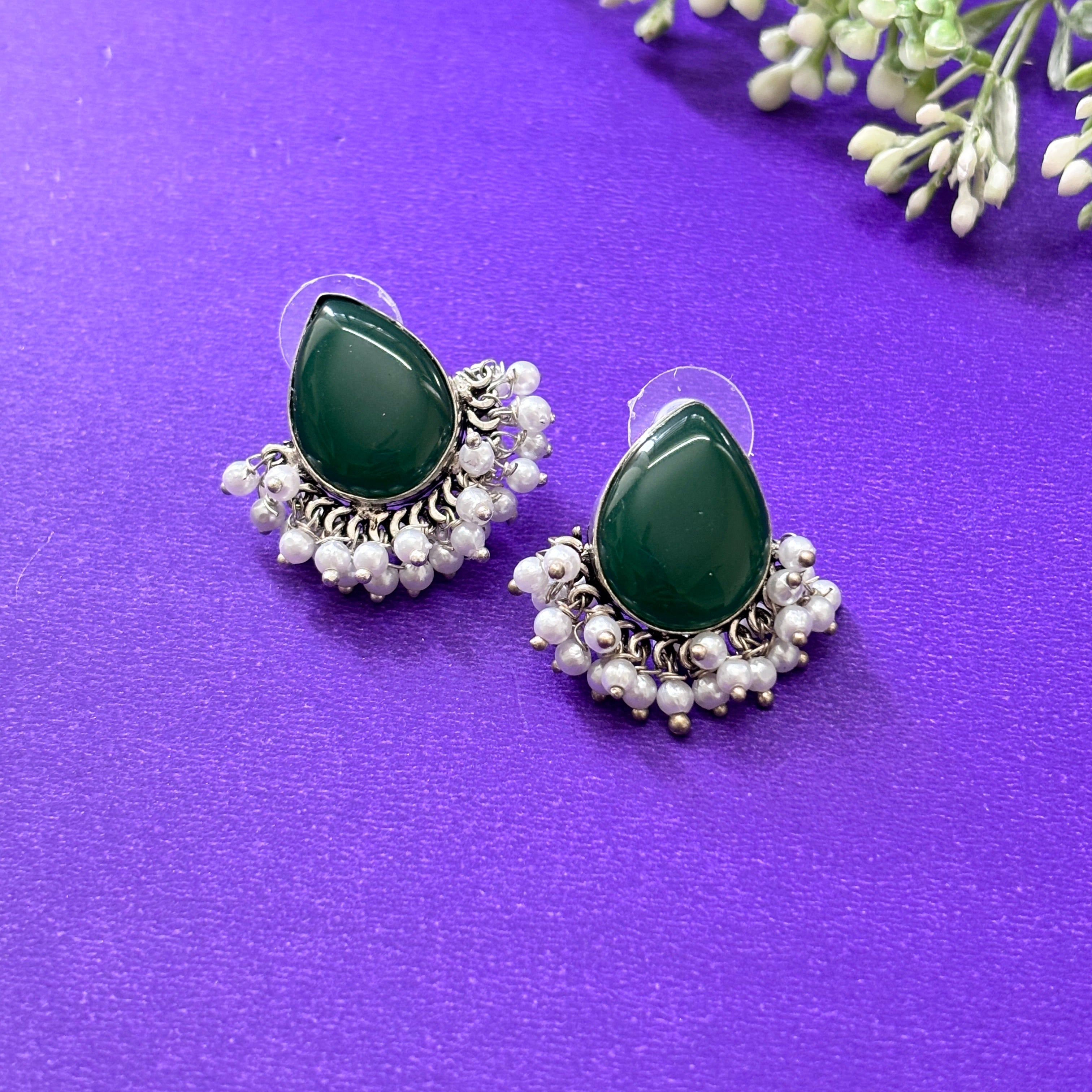 Elegant Drop Shaped Emerald Green Oxidised Stud Earrings