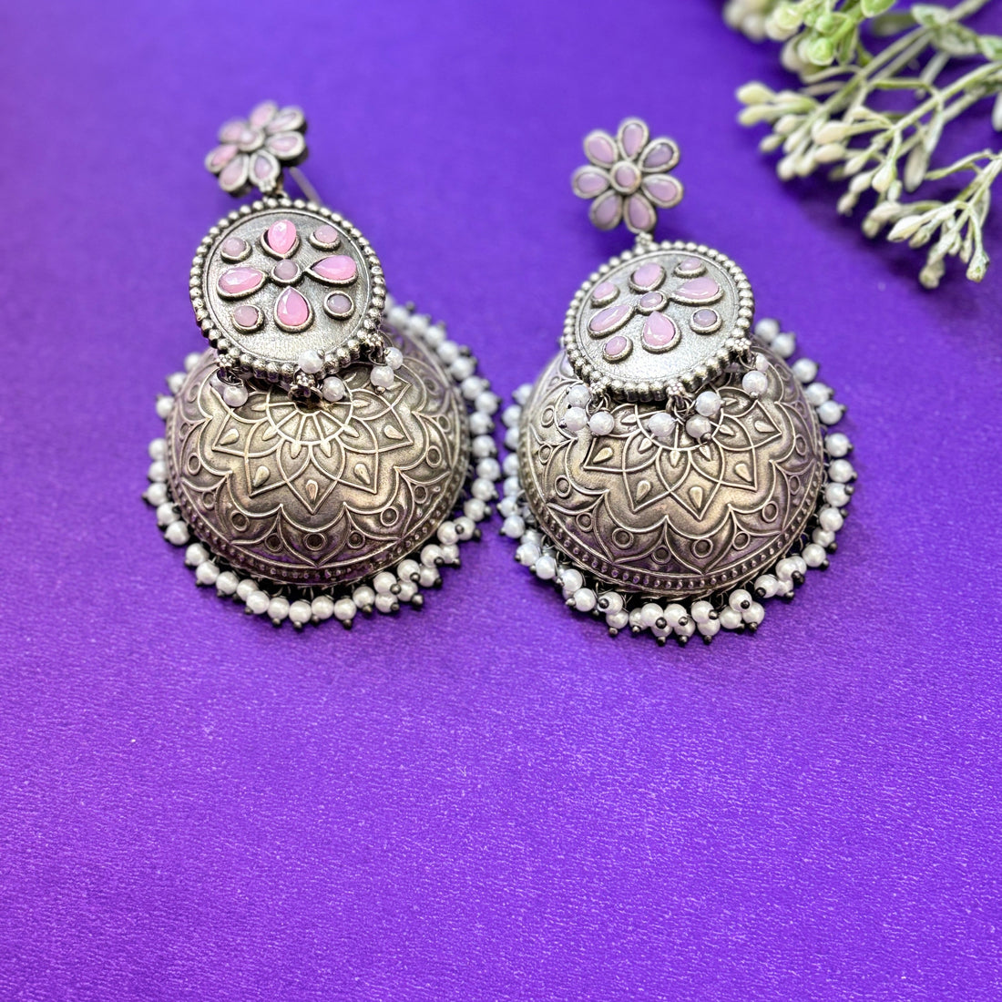 Pink Boho Oxidised Jhumka Earrings