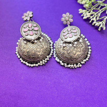 Pink Boho Oxidised Jhumka Earrings