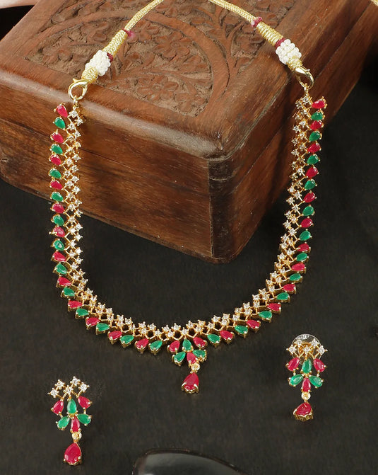 Magnificient Ruby-Green American Diamond Gold Plated Sleek Necklace | Shop Now!