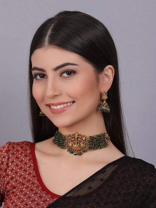 Gold Plated Laxmi Green Hydra Beads Choker Set