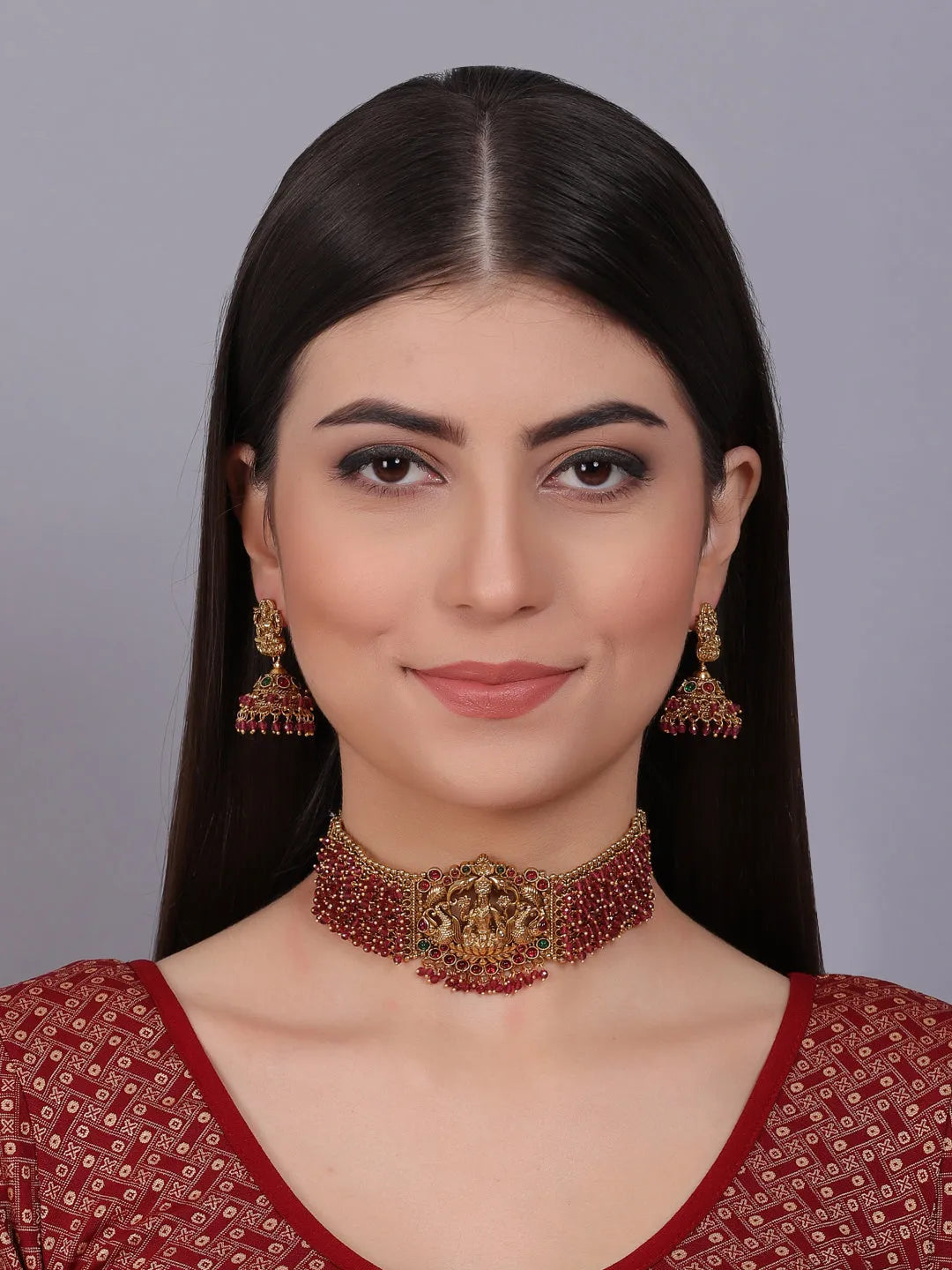 Exquisite Gold-Plated Temple Hydra Beads Necklace Set - A divine blend of tradition and elegance. Elevate your style with this stunning piece from SileAdda.