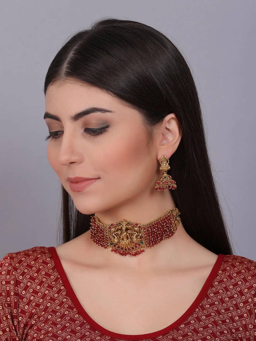 Gold Plated Laxmi Red Hydra Beads Choker Set