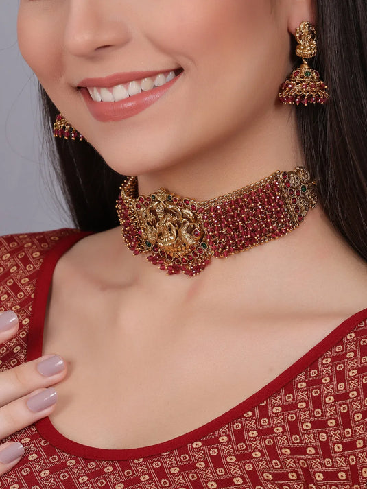 Gold Plated Laxmi Red Hydra Beads Choker Set