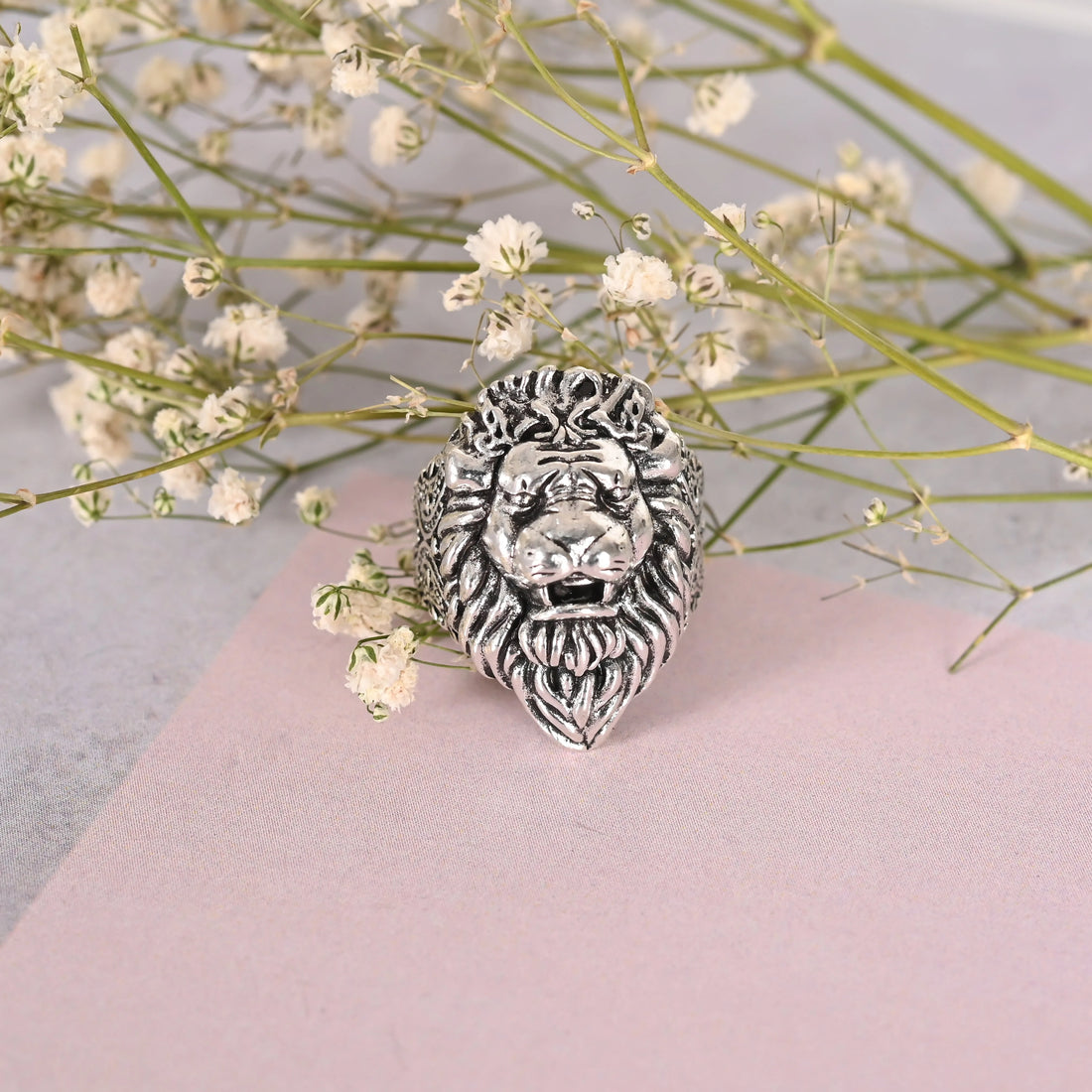 Men Silver-Plated Lion Face Finger Ring