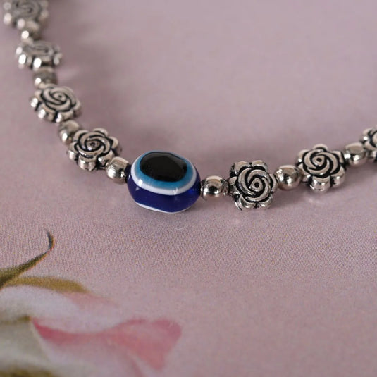 Evil Eye Beaded Silver Anklets