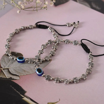 Evil Eye Beaded Silver Anklets