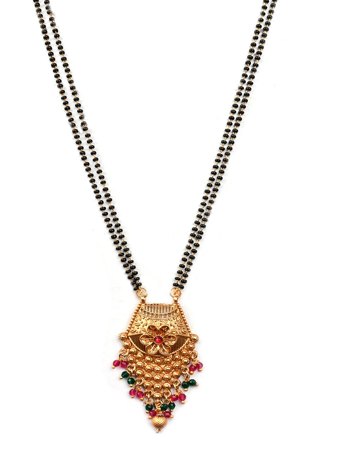 Gold Plated Multicolor Rajwadi Mangalsutra With Long Double Line Black Beads Mala and Red Polki Ring