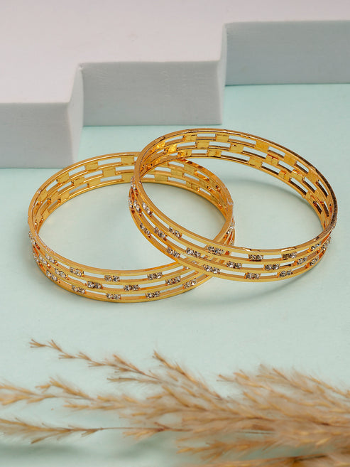 Women's Set of 2 Gold-Plated Cubic Zirconia Stone Studded Bangles