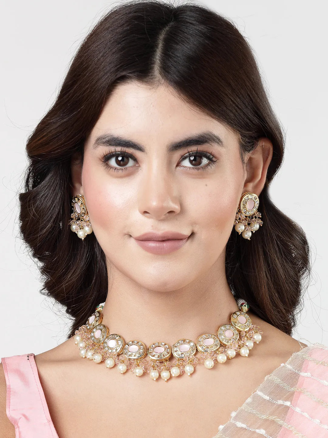 Gold-Plated Kundan-Studded &amp; Beaded Jewellery Set Necklace and Earrings