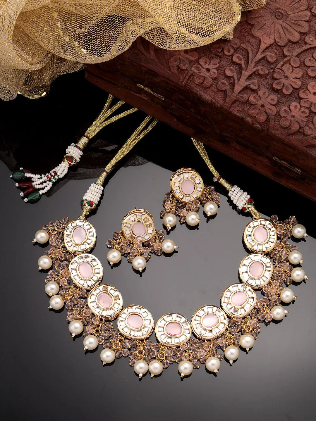 Gold-Plated Kundan-Studded &amp; Beaded Jewellery Set Necklace and Earrings