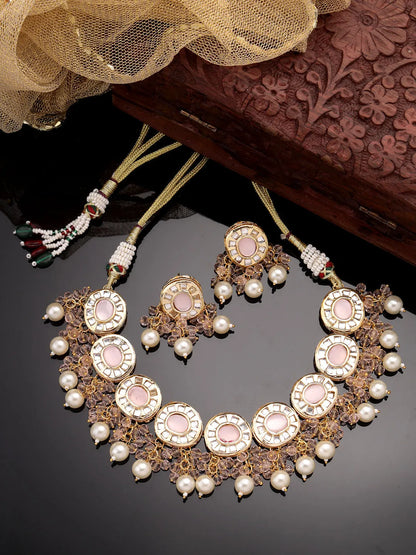 Gold-Plated Kundan-Studded &amp; Beaded Jewellery Set Necklace and Earrings