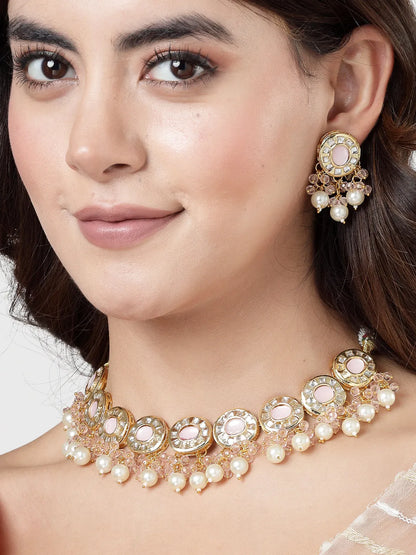 Gold-Plated Kundan-Studded &amp; Beaded Jewellery Set Necklace and Earrings