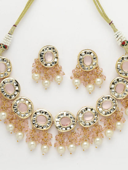 Gold-Plated Kundan-Studded &amp; Beaded Jewellery Set Necklace and Earrings