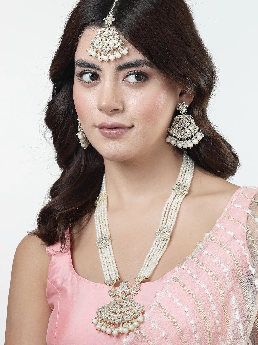 Gold-Plated Kundan Stone-Studded  Beaded Jewellery Set Necklace &amp; Earrings and Maang Tika