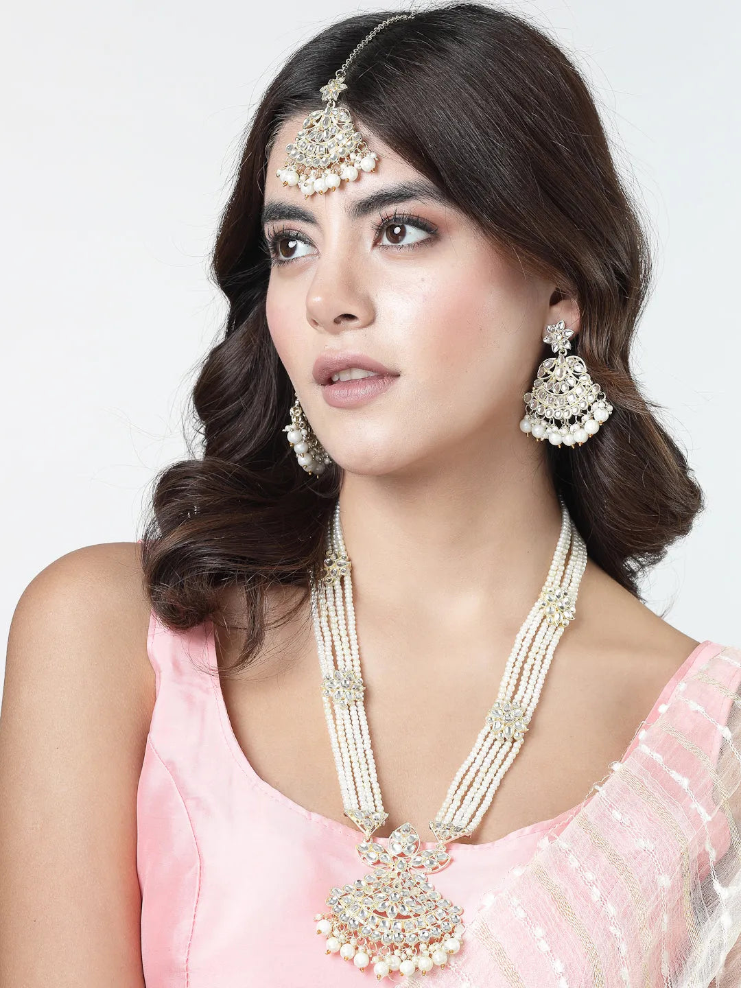 Gold-Plated Kundan Stone-Studded  Beaded Jewellery Set Necklace &amp; Earrings and Maang Tika