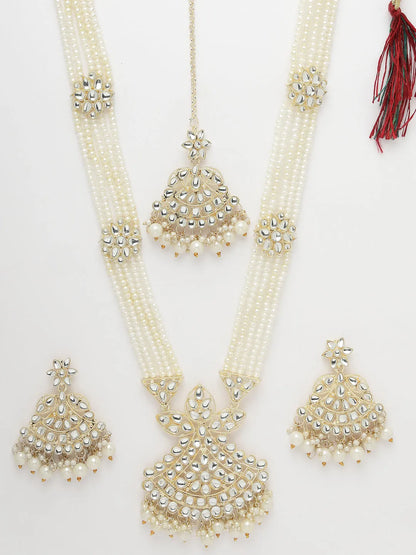 Gold-Plated Kundan Stone-Studded  Beaded Jewellery Set Necklace &amp; Earrings and Maang Tika