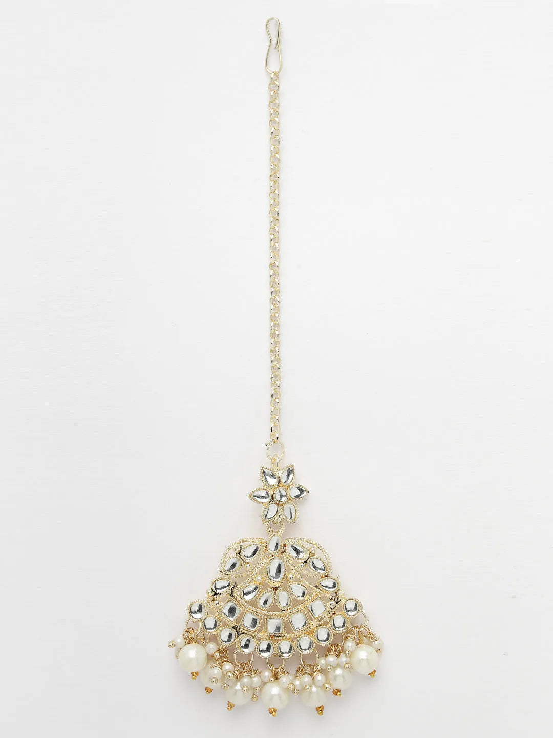 Gold-Plated Kundan Stone-Studded  Beaded Jewellery Set Necklace & Earrings and Maang Tika