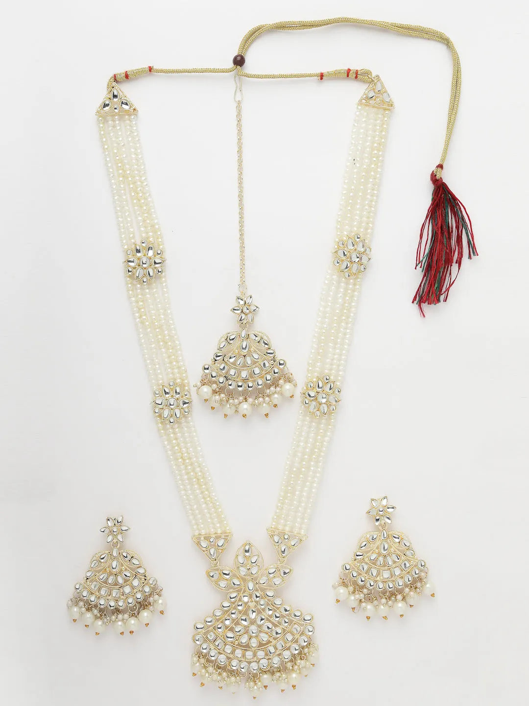 Gold-Plated Kundan Stone-Studded  Beaded Jewellery Set Necklace &amp; Earrings and Maang Tika