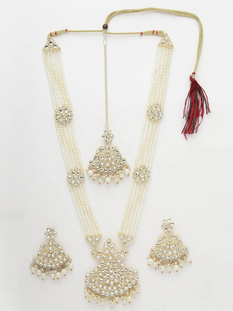 Gold-Plated Kundan Stone-Studded  Beaded Jewellery Set Necklace & Earrings and Maang Tika