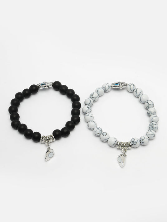 Unisex Set of 2 Black &amp; White Marbel Crystal Bracelet