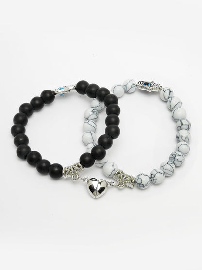 Unisex Set of 2 Black &amp; White Marbel Crystal Bracelet