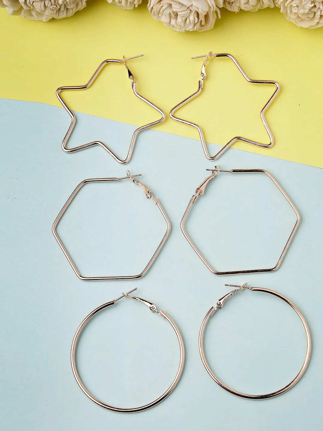 Set Of 3 Rose Gold-Toned Geometric Hoop Earrings