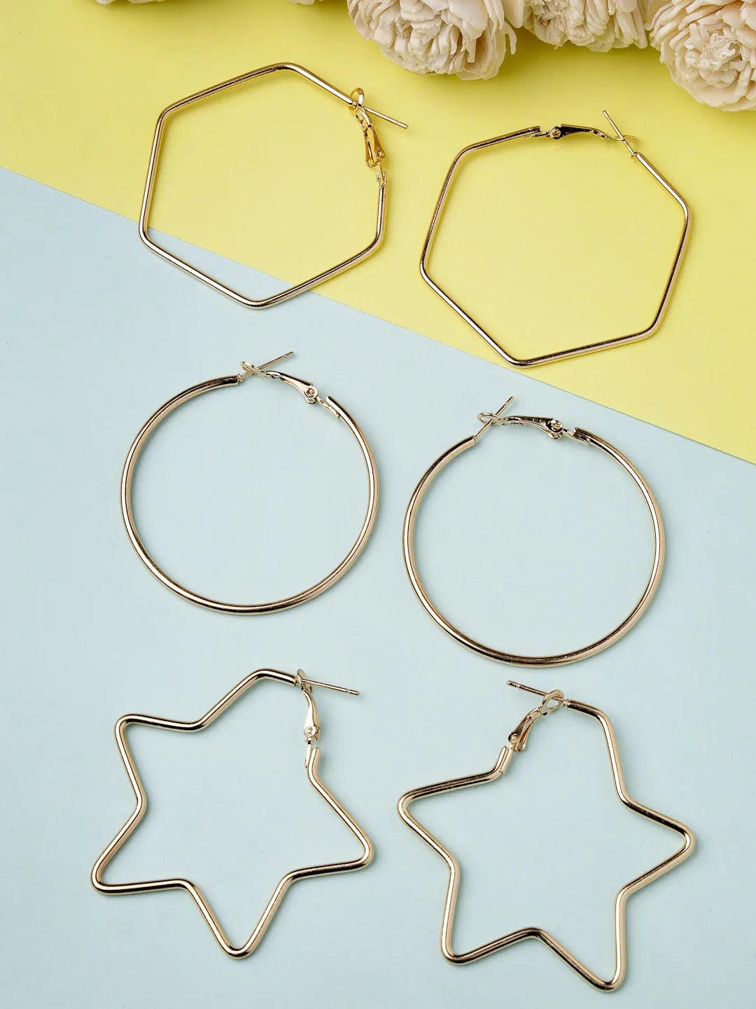 Set Of 3 Gold-Toned Geometric Hoop Earrings